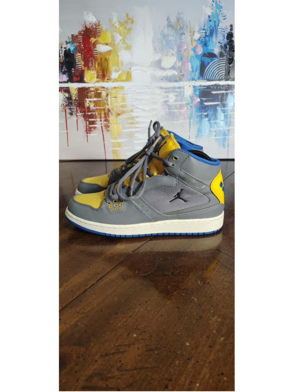 Jordan Shoes Youth Size 6.5Y Gray Yellow Blue Mid Top Sneakers 374452-089